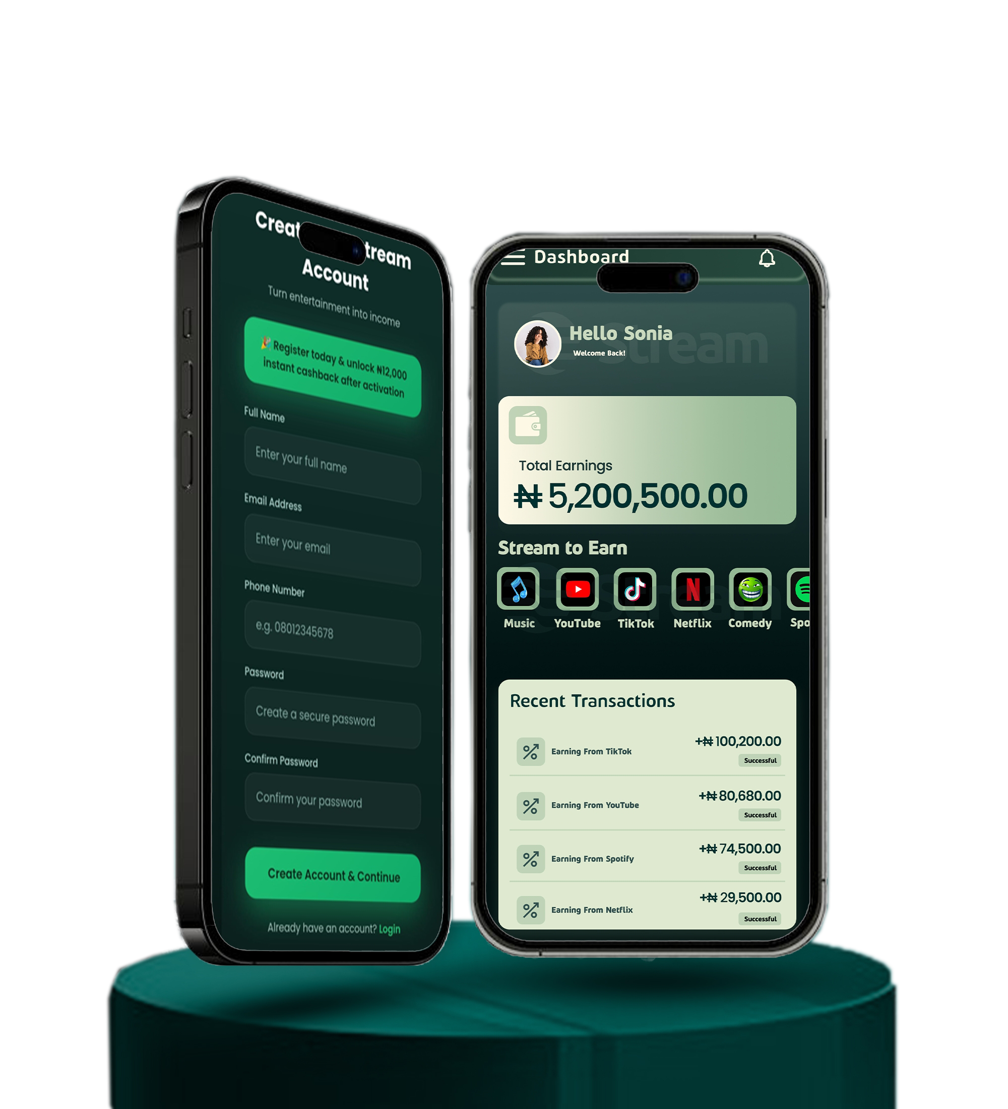 STREAM Africa platform mockup showing earning dashboard